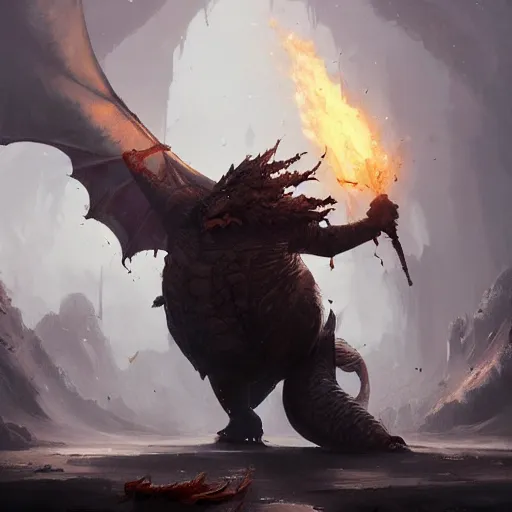 Image similar to a beautiful painting of an epic fantasy sad fat dragon, oil painting, Tooth Wu, Greg Rutkowski, RPG portrait, dynamic lighting, fantasy art,High contrast, depth of field