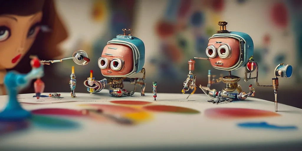 Image similar to closeup portrait of tin toy retro robots painters mixing gouache on white paper table in an artist workshop, depth of field, zeiss lens, detailed, centered, fashion photoshoot, by nicoletta ceccoli, mark ryden, lostfish, breathtaking, 8 k resolution, extremely detailed, beautiful, establishing shot, artistic, hyperrealistic, octane render