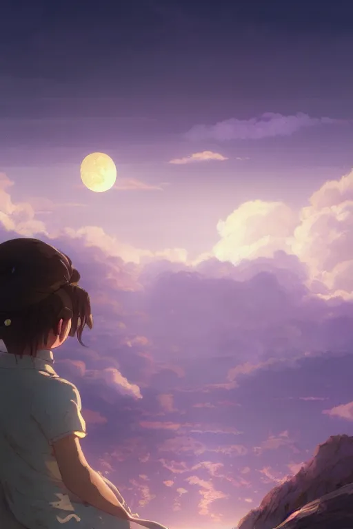 Image similar to a highly detailed matte painting of a girl watching moon exploding by studio ghibli, makoto shinkai, by artgerm, by wlop, by greg rutkowski, volumetric lighting, octane render, 4 k resolution, trending on artstation, masterpiece