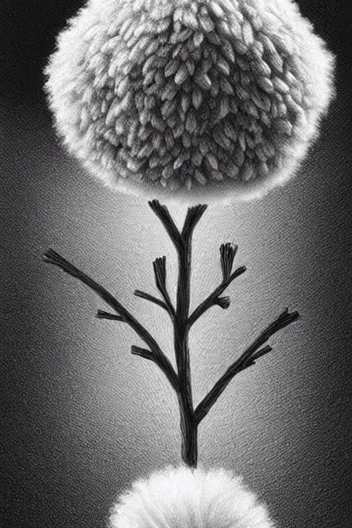 Prompt: a pompom tree viewed from a low angle, digital illustration by chris van allsburg and artgerm, intricate details, surreal, photorealistic, award winning