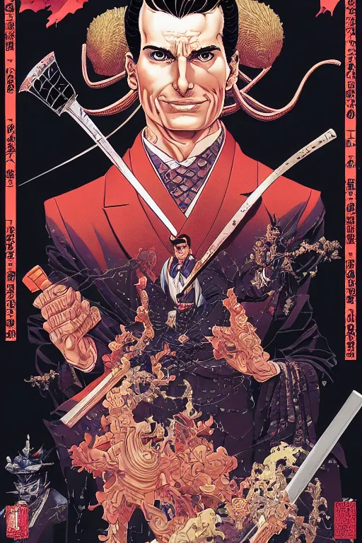 Image similar to poster of patrick bateman as a samurai, by yoichi hatakenaka, masamune shirow, josan gonzales and dan mumford, ayami kojima, takato yamamoto, barclay shaw, karol bak, yukito kishiro