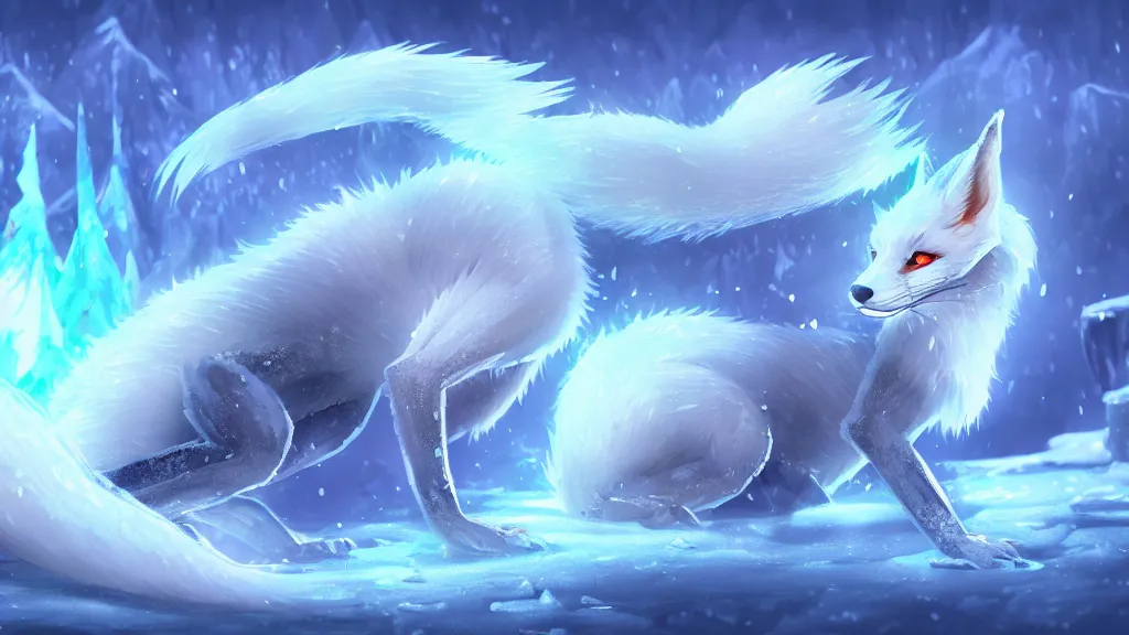 Image similar to white - haired anime fox lizard frozen in an ice floe, intricate, highly detailed, smooth, wide shot, artstation, digital illustration