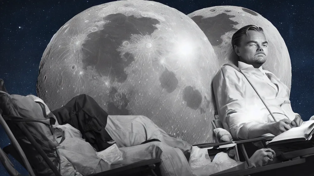 Prompt: A highly photographic render of Leonardo DiCaprio on the Moon, sitting on a lawn chair reading a book facing the camera. Medium shot, rim lighting, cinematic lighting, octane engine, photo realistic image, 4K, super detailed, cinematic look