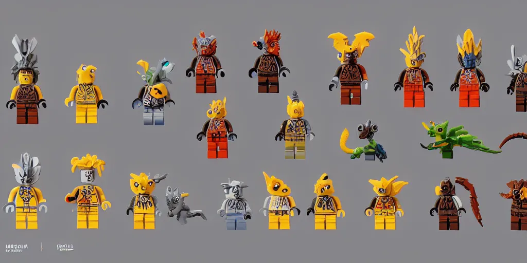 Image similar to small creatures called critters, made out of only 5 lego bricks. cute looking, kawaii, sharp focus, moebius, character sheet, game concept art, brush work