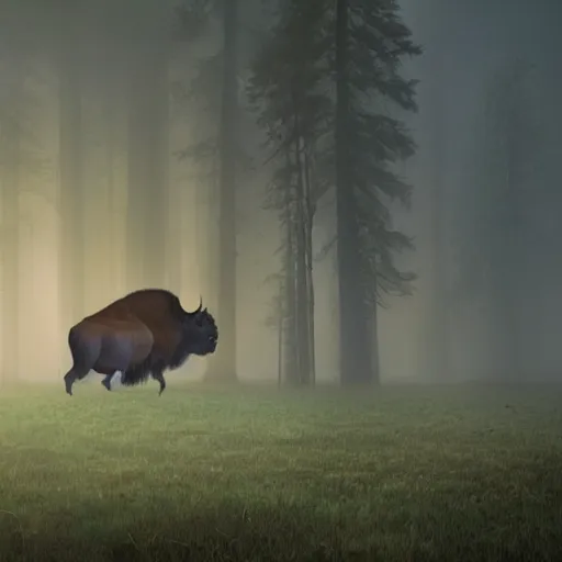 Prompt: a colossal giant bison in the clearing of a foreboding, misty forest. silhouette. atmospheric volumetric fog. digital matte painting. the bison has glowing red eyes.