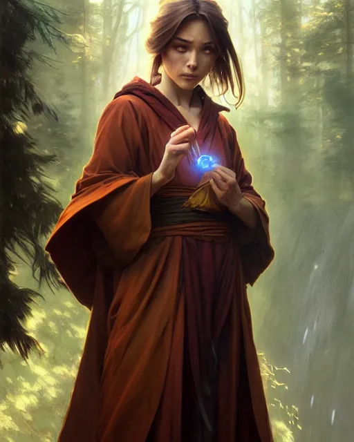 Image similar to a robed apprentice air bender, woodland river scene, fantasy character portrait, ultra realistic, intricate, elegant, highly detailed, digital painting, artstaion, smooth, sharp, focus, illustration, art by artgerm and greg rutkowski and alphonse mucha