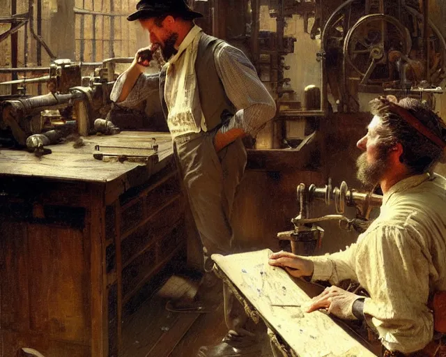 Image similar to attractive man working hard at an 1 9 th century factory. highly detailed painting by gaston bussiere, craig mullins, j. c. leyendecker 4 k