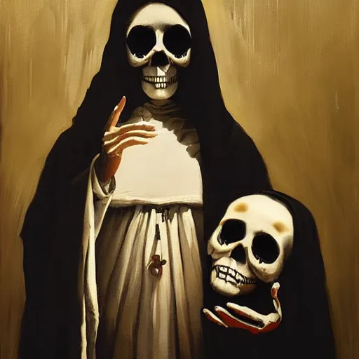 Image similar to painting of the virgin mary skull face by greg rutkowski and warhol and banksy and jc leyendecker