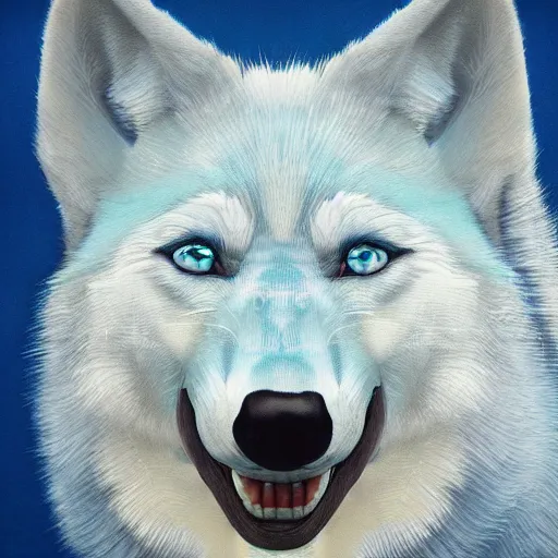 Image similar to pale blue wolf, pale green handkerchief, dark blue hair, dark blue spots, black nose, happy smile having fun, beige ears, beige mane, hyperrealistic, photo realistic, realistic, beautiful white lighting, in the middle of the day, hyperdetailed, very detailed, excellent composition