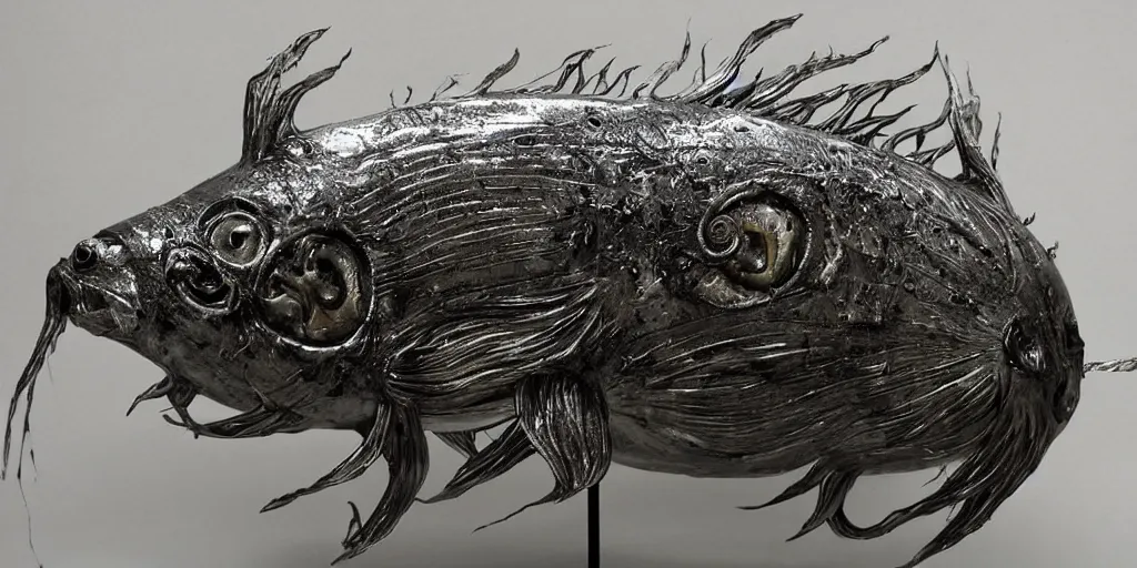 Image similar to angler fish sculpture, stylized layered shapes, long flowing fins, bioluminescent orbs, glowing eye, intricate, highly detailed, lifelike, smooth, sharp focus, art by h r giger