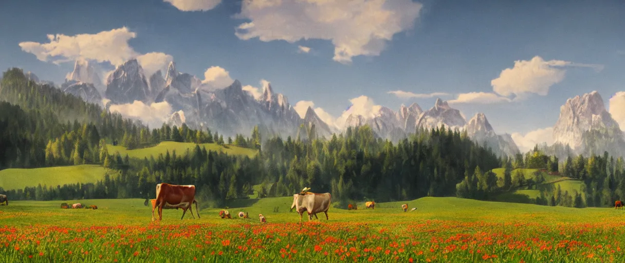 Prompt: a ultra photorealistic and sharp film still of an a sunny and colourful open field in 1 9 0 0 in the middle of the bavarian alps, germany. cows. wide shot, wes anderson, studio ghibli, pixar and disney animation, octane render, anime key art by greg rutkowski, dramatic lighting, award winning photography