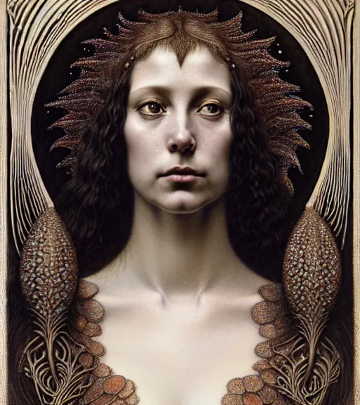 Prompt: detailed realistic beautiful salome face portrait by jean delville, gustave dore, iris van herpen and marco mazzoni, art forms of nature by ernst haeckel, art nouveau, symbolist, visionary, gothic, neo - gothic, pre - raphaelite, fractal lace, intricate alien botanicals, ai biodiversity, surreality, hyperdetailed ultrasharp octane render