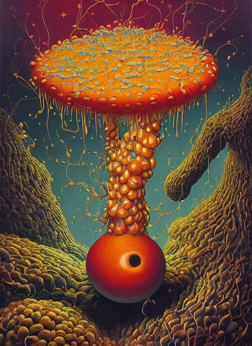 Image similar to hyper detailed Oil painting - I Eat of the Strangling Fruit and My gossamer polyp blossoms bring iridescent fungal flowers whose spores black the foolish stars by Jacek Yerka, Mariusz Lewandowski, Abstract brush strokes, Masterpiece, Edward Hopper and James Gilleard, Zdzislaw Beksinski, Mark Ryden, Wolfgang Lettl, hints of Yayoi Kasuma