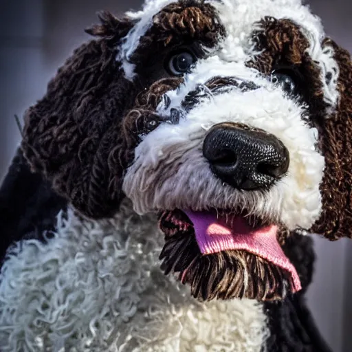 Image similar to a closeup photorealistic photograph of a smiling knitted bernedoodle judge dog dressed in a black gown, presiding over the courthouse. indoors, professional capture, well lit shot. this 4 k hd image is trending on artstation, featured on behance, well - rendered, extra crisp, features intricate detail, epic composition and the style of unreal engine.