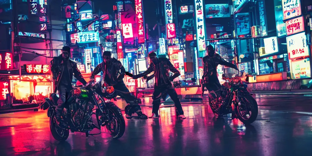 Image similar to Epic Battle Between a Squid Karate God and a Menacing prawn biker in a leather jacket, tokyo skyline, sunset, neon vibe, cyberpunk lighting, cinematic lighting, anamorphic lens, dramatic shadows,