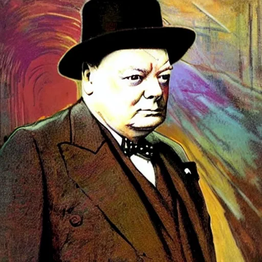 Image similar to winston churchill dressed in cuberpunk military gear. Epic portrait by james gurney and Alfonso mucha.