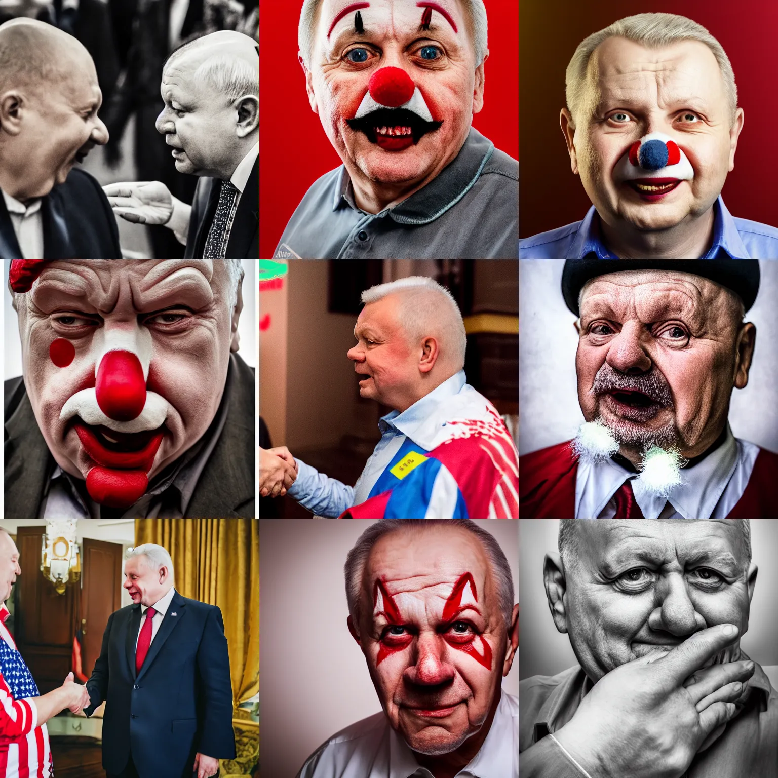 Prompt: headshot of jaroslaw kaczynski as a clown as the president of the united states shaking someones hand, eos - 1 d, f / 1. 4, i s o 2 0 0, 1 / 1 6 0 s, 8 k, r a w, unedited, symmetrical balance, in - frame, photoshop, nvidia, topaz ai