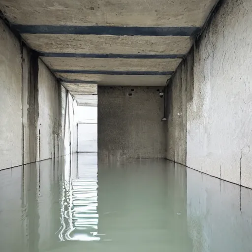 Image similar to photo of a vast interior space of irregular rooms and corridors, bizarre architecture. ceramic white tiles on all the walls. the floor is flooded with one meter deep water. eerie