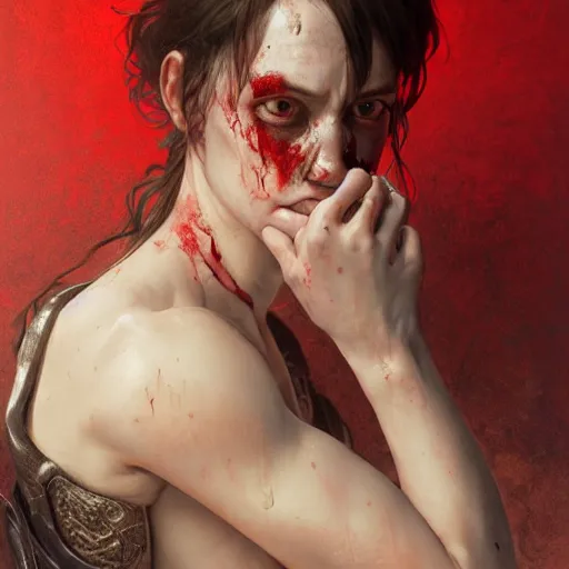 Image similar to portrait painting of a bloodied butcher, ultra realistic, concept art, intricate details, eerie, highly detailed, photorealistic, octane render, 8 k, unreal engine. art by artgerm and greg rutkowski and alphonse mucha