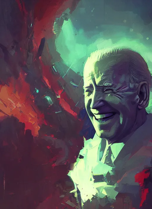 Image similar to Joe Biden grinning all powerful emperor of the world, high contrast, cosmic horror, abstract, masterpiece, trending on ArtStation, by Greg Rutkovski and by Craig Mullins and by David Cronenberg and by Ismail Inceoglu, dark