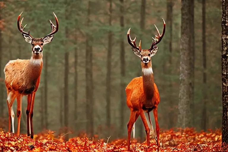 Image similar to a national geographic photo of deer that red color in forest, f 2,0, telephoto