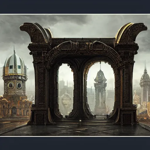 Image similar to carved futuristic gateway at the end of ancient ornate steps with a wide view of city which details the vast architectural scientific and cultural achievements of all humankind, complex composition, molecules, renato muccillo, andreas rocha, jorge jacinto, damian kryzwonos, ede laszlo, artstation, digital art, high contrast, cinematic blue and gold