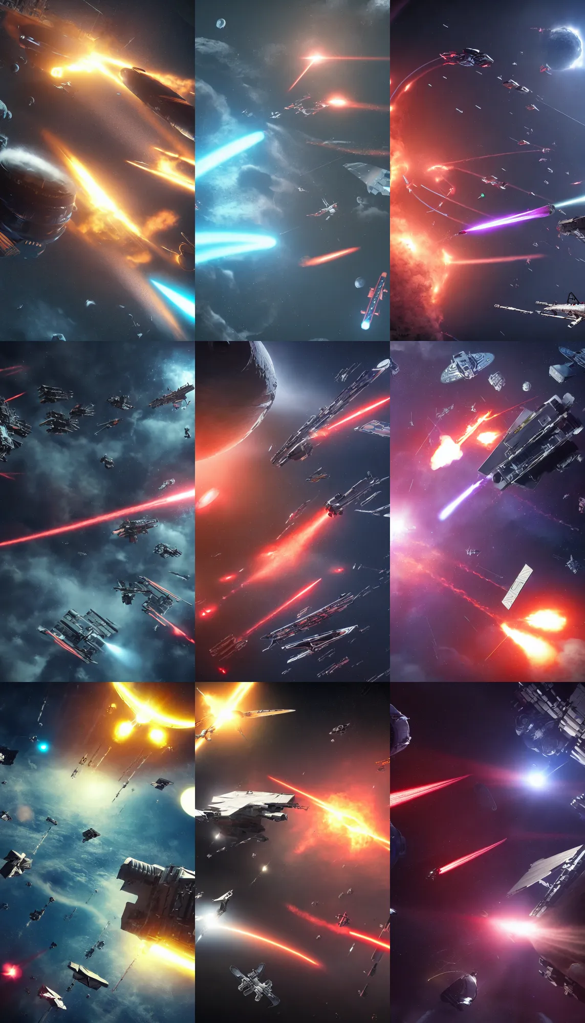 Prompt: dramatic spacecraft battle scene, sci-fi movie shot, ultra detailed, octane render, laser fire, missiles, explosions, 8k