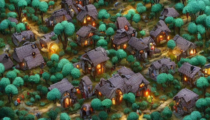 Prompt: Small little village with teddy bears built in a forest with humongous trees, hyperdetailed, artstation, cgsociety, 8k