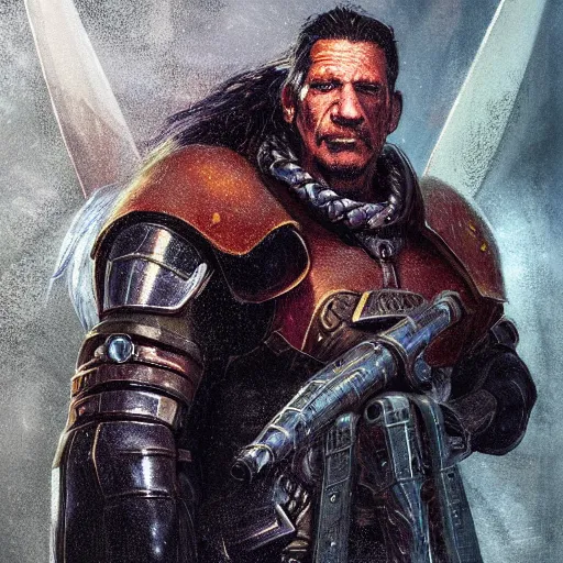 Prompt: Portrait Face Shadowrun Nazarene Danny Trejo Angelic Knight Paladin templar myrmidon armored space Marshall concept art greg rutkowski james gilleard stanley pinker ishbel myerscough scott radke unreal engine render