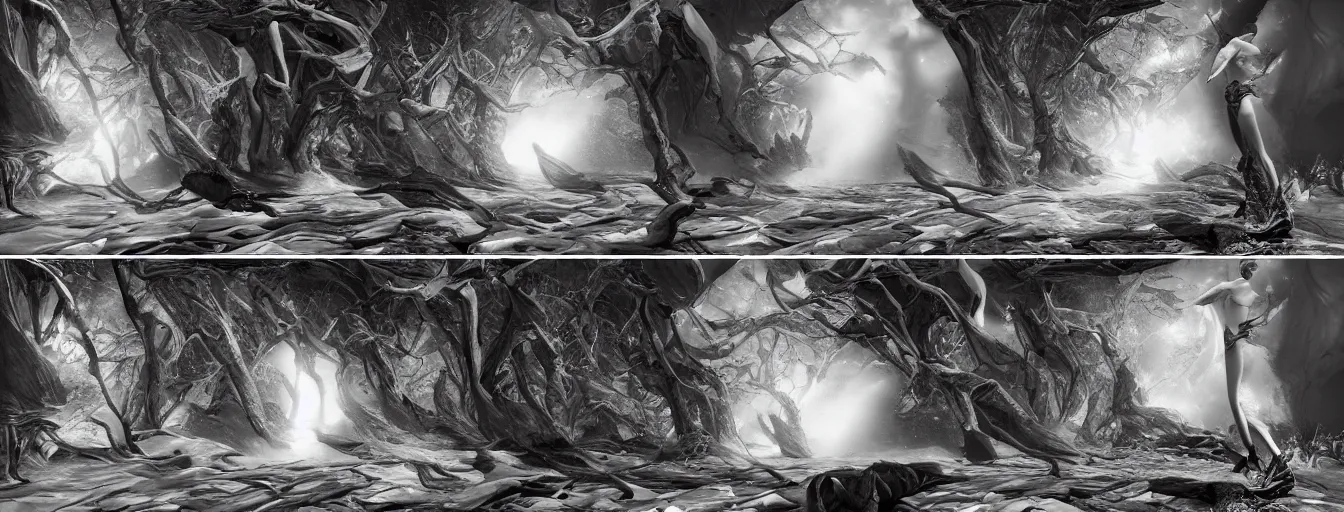 Prompt: spiritual imagination of duality, image devided on left and right different parts, two main forces of whole universe, love and evil, plus and minus, black and white, zero and one, me and you, high detail, saturated colors, by james paick, render unreal engine - h 7 0 4