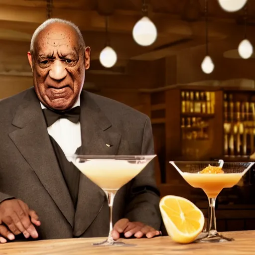 Image similar to Bill Cosby as a mixologist, cinematic lighting, dramatic, octane render, long lens, shallow depth of field, bokeh, anamorphic lens flare, 8k, hyper detailed, 35mm film grain