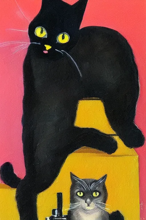 Image similar to oil painting, art by rosina wachtmeister, black cat using black vintage telephone, golden background