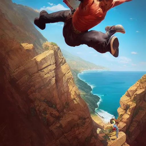 Image similar to a flying man catching a child that is falling from a cliff. photorealistic. realism. 4 k wideshot. cinematic. unreal engine. artgerm. marc simonetti. jc leyendecker