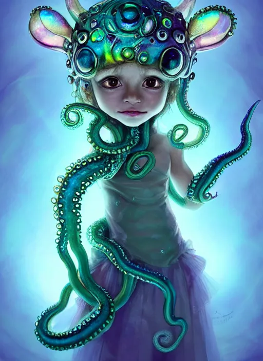 Image similar to A full shot of a cute magical monster Cryptid wearing a dress made of opals and tentacles. Chibi Proportions. Subsurface Scattering. Translucent Skin. Caustics. Prismatic light. defined facial features, symmetrical facial features. Opalescent surface. Soft Lighting. beautiful lighting. By Giger and Ruan Jia and Artgerm and WLOP and William-Adolphe Bouguereau and Loish and Lisa Frank. Sailor Moon. trending on artstation, featured on pixiv, award winning, sharp, details, intricate details, realistic, Hyper-detailed, HD, HDR, 4K, 8K.