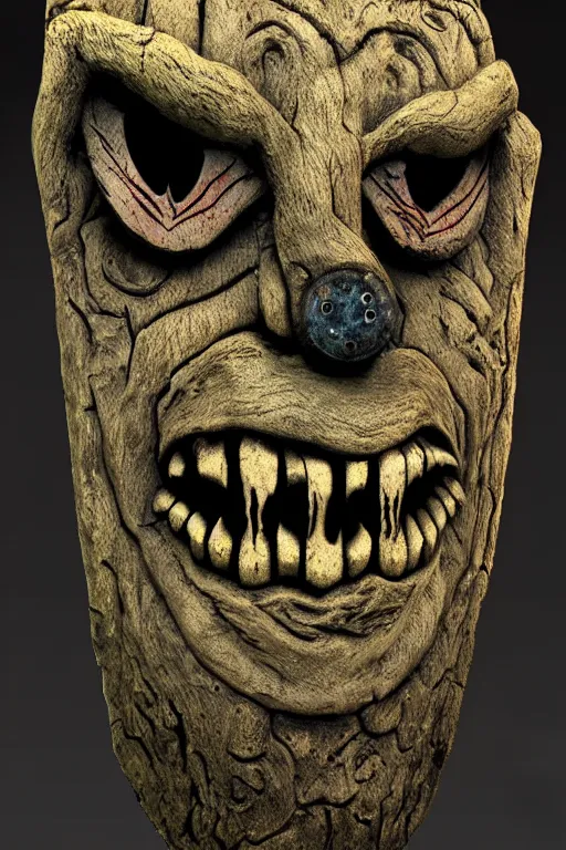 Image similar to terror clownvamp totem made in carved mossy wood, realistic and ultra detailed, texturized, indirect volummetric light, mask effect layer, sharpen and antialiased