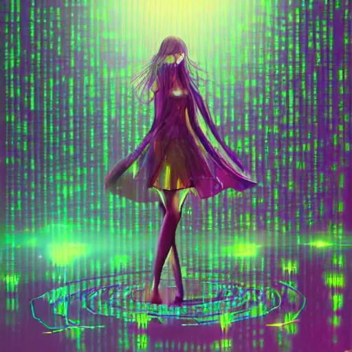 Image similar to digital illustration of a beautiful wet girl wearing a short skirt in the rain interacting with a holographic interface on a wall in a future cyber punk style city trending on art station