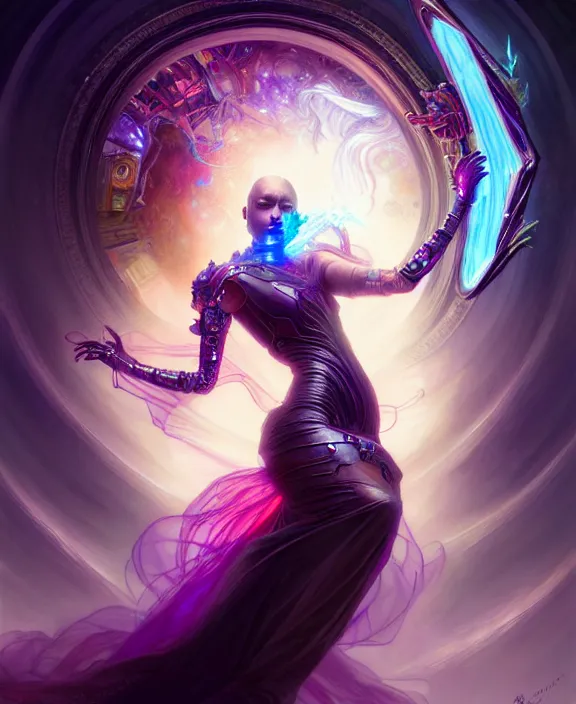 Image similar to a whirlwind of souls rushing inside the metaverse, half body, glowin eyes, tiara with sapphire, insect, android, cyberpunk, d & d, fantasy, intricate, elegant, highly detailed, colorful, vivid color, digital painting, artstation, concept art, art by artgerm and greg rutkowski and alphonse mucha and ruan jia