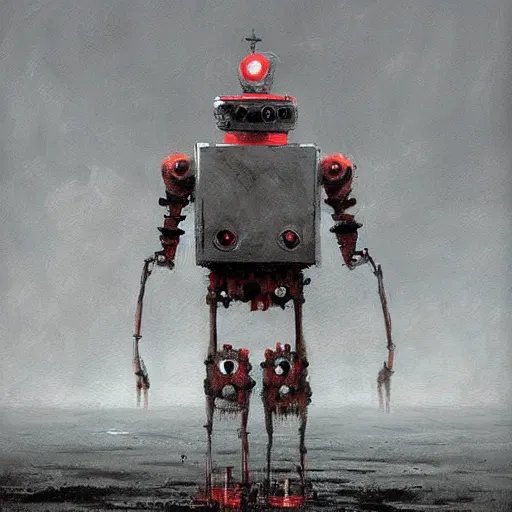 Prompt: an epic painting of a creepy robot by jakub rozalski