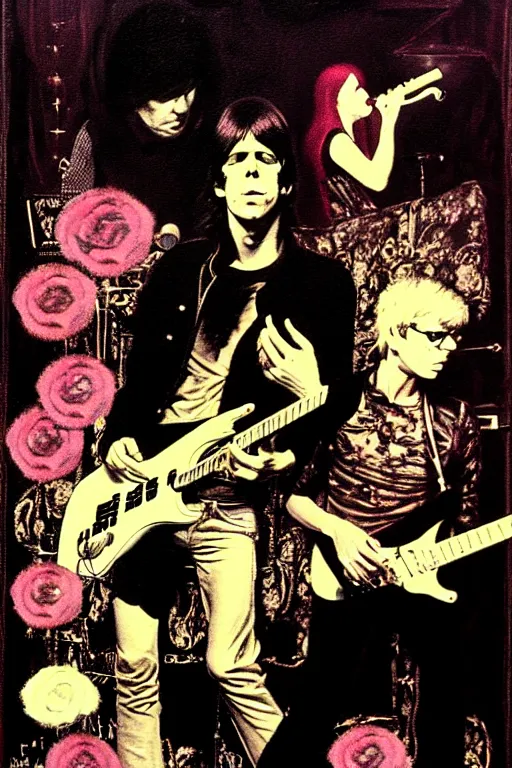 Image similar to the velvet underground and nico playing live on stage at a night club, beautiful stage decoration with flowers in the background, painting by norman rockwell, very detailed and toned down and ornamental and moody and cool and relaxed and high on drugs, tasteful colors, trending on artstation, behance contest winner