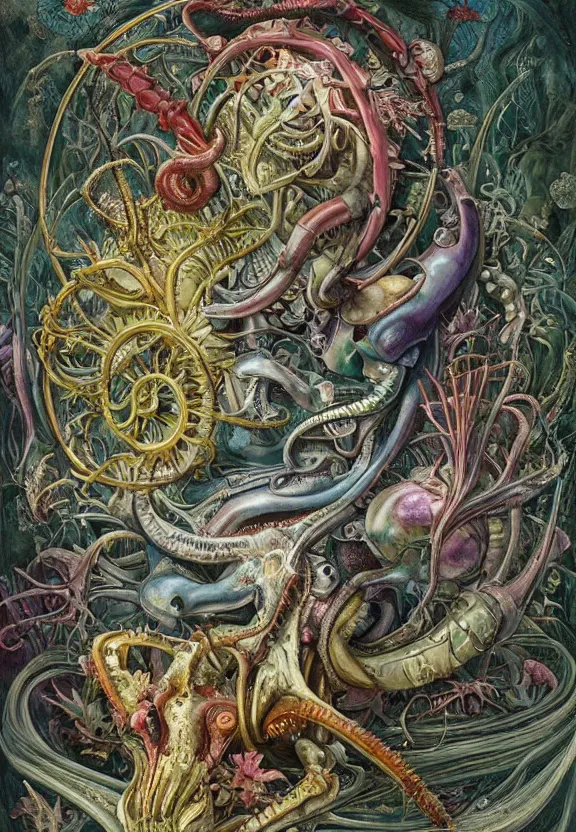 Prompt: simplicity, elegant, colorful muscular sea creature, botany, orchids, radiating, mandala, psychedelic, garden environment, wolf skulls, by h. r. giger and esao andrews and maria sibylla merian eugene delacroix, gustave dore, thomas moran, pop art, biomechanical xenomorph, art nouveau, cheerful, glass domes