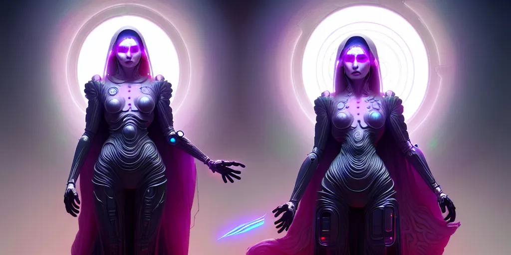 Image similar to ultra detailed female android deity, wearing a cloak, ethereal flowerpunk, scifi, fantasy, cyberpunk, octane render, unreal engine, asymmetrical!!! intricate concept art, triadic color, art by artgerm and wlop and giger and greg rutkowski and alphonse mucha, 8 k