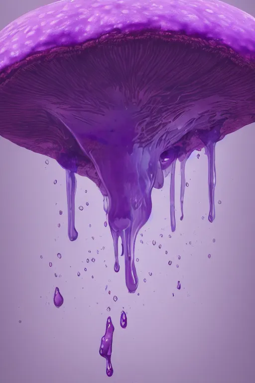 Prompt: Giant Mushroom Dripping Viscous Blobs of Purple Liquid from its Cap, fantasy, digital illustration, realistic, trending on artstation, volumetric lighting, ultra detailed