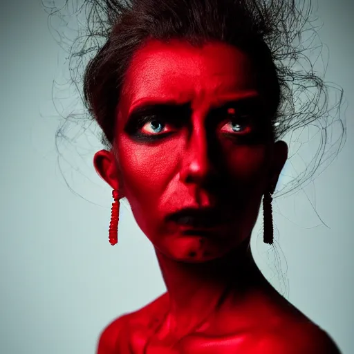 Image similar to stunning beautiful portrait photography of a face detailing demonic Countess wearing red and black dress from national geographic magazine award winning, dramatic lighting, taken with Sony alpha 9, sigma art lens, medium-shot