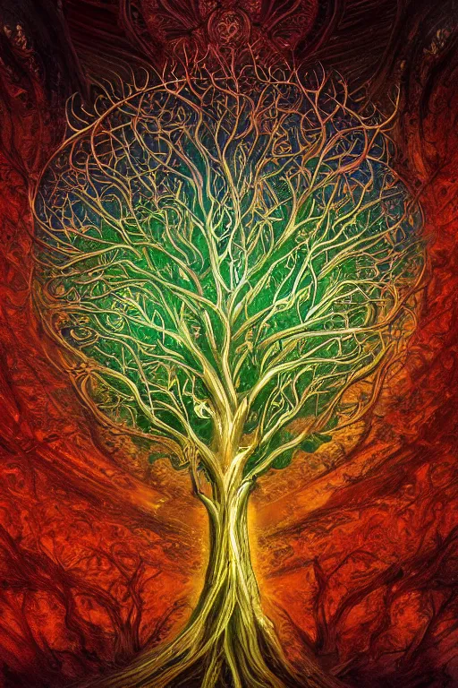 Prompt: lateral cross - section view. magical glowing tree of life, centralized, ethereal, rich estate, fantasy, smooth, sharp focus, high detailed digital art, ultra wide shot, lush colors, in the style of greg rutkowski and hans zatzka, digital art, sharp focus, highly realistic, exquisite ornate metal gothic icon heavy patina, delicate,