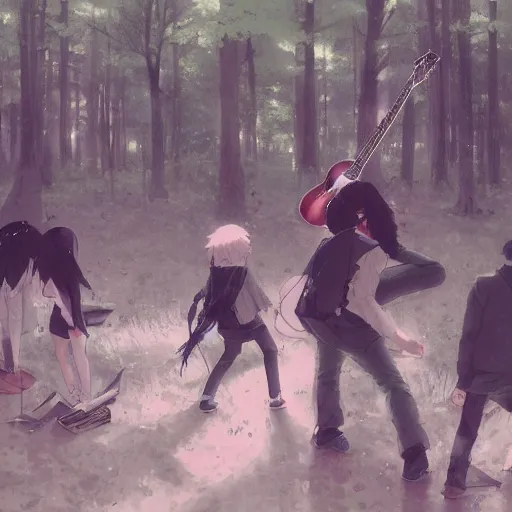 Image similar to emo band playing music performing in the woods, hyperrealistic, trending on pixiv fanbox, painted by greg rutkowski makoto shinkai takashi takeuchi studio ghibli, akihiko yoshida