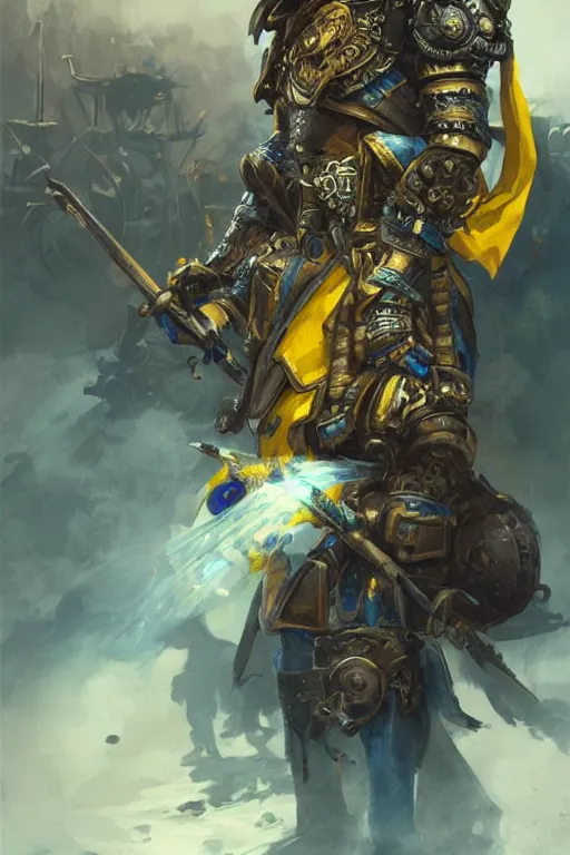 Prompt: shot of a warrior with Ukrainian blue and yellow flag, D&D, handsome, fantasy, intricate, military helmet, pile of skulls in the background, steampunk, elegant, highly detailed, digital painting, artstation, concept art, smooth, sharp focus, illustration, art by artgerm and greg rutkowski and alphonse mucha