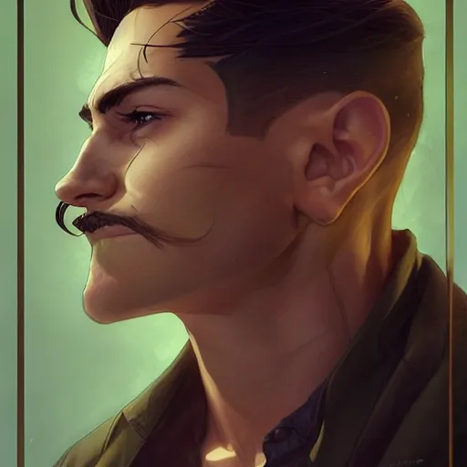 Prompt: portrait of a man with brown undercut hair,green eyes,thin moustache,Character design by charlie bowater, ross tran, artgerm, and makoto shinkai, detailed, inked, western comic book art, 2021 award winning painting,digital art,ultra realistic,ultra detailed,art by greg rutkowski,detailed face,hyperdetailed,photorealistic