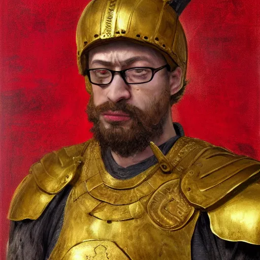 Image similar to Sam Hyde as a Roman warrior wearing gold and red armor, elegant suit, looking at bloody fist, portrait art by Claude Monet, highly detailed, digital painting, concept art, illustration, dim lighting with twilight rays of sunlight, trending on artstation, very detailed, smooth, sharp focus, octane render, close up