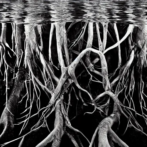 Image similar to roots underwater, award winning black and white photography, high contrast, high definition