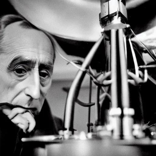 Image similar to close-up portrait of Marcel Duchamp working on a futuristic machine, long exposure, minimal composition, packshot, archival pigment print